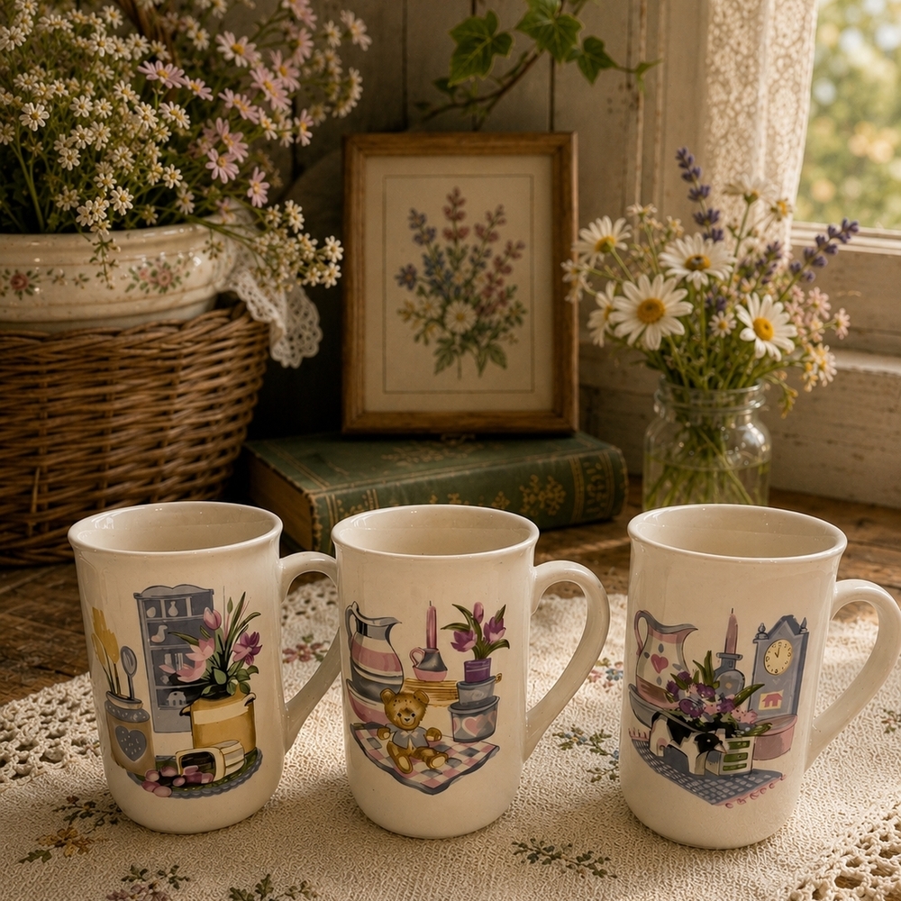Vintage Floral Kitchen Mugs Set - Cream Decorative Ceramic Mugs